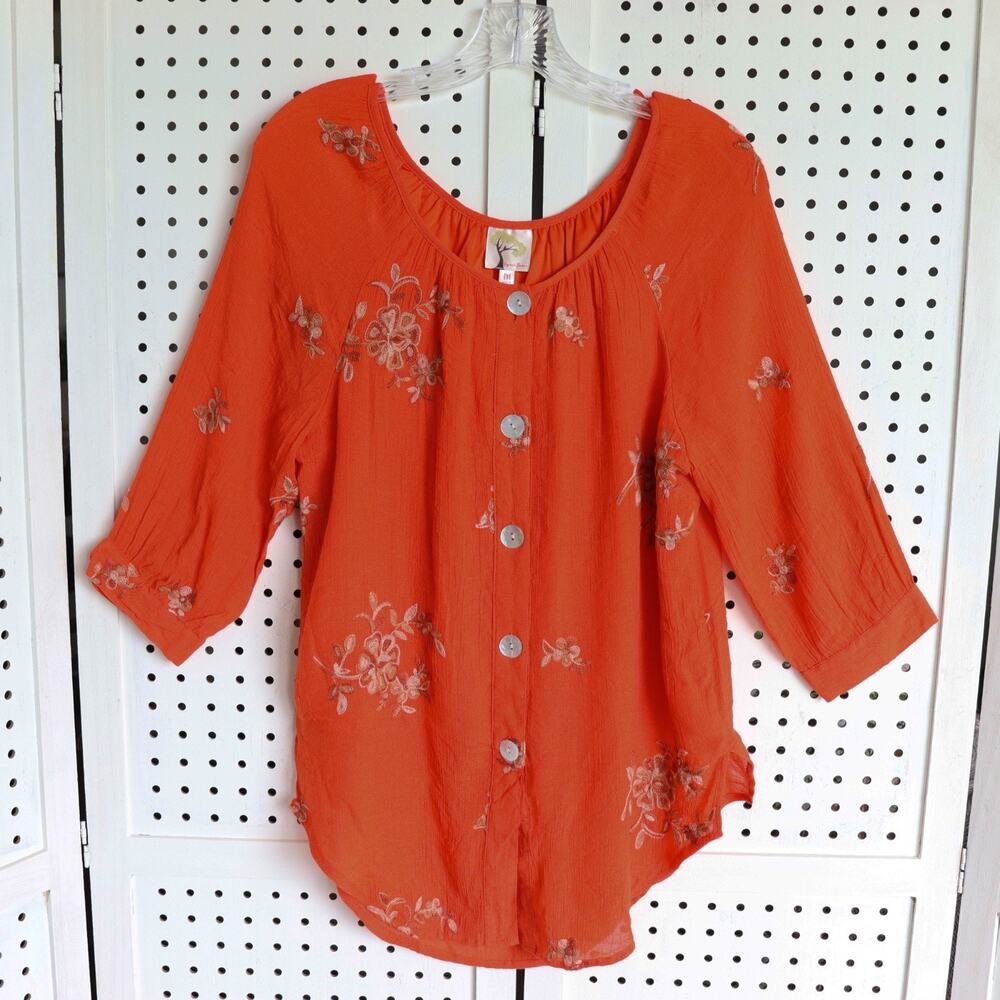 Fig and Flower Anthropologie Boho Floral Orange Embroidered Top Womens SIZE M